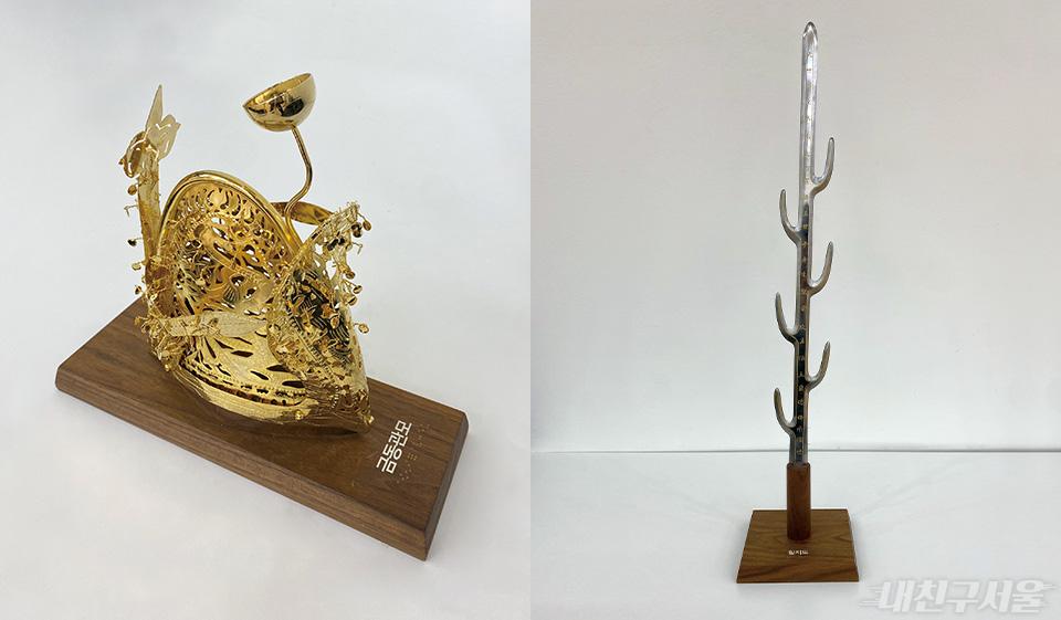 금동관모(왼쪽)와 칠지도(오른쪽)