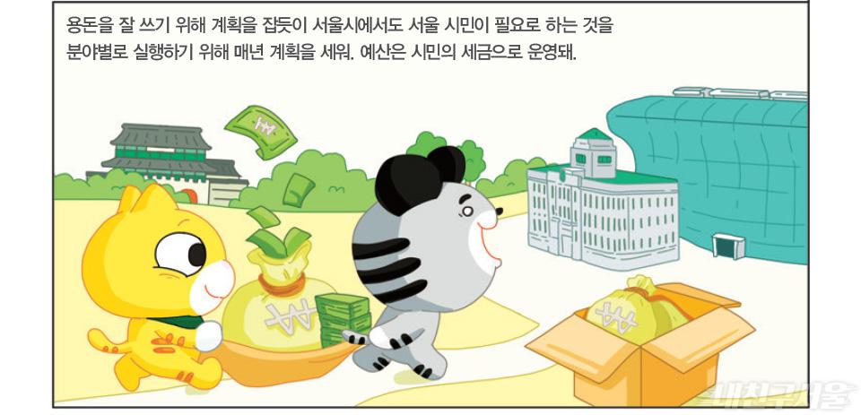 용돈을 잘 쓰기 위해 계획을 잡듯이 서울시에서도 서울 시민이 필요로 하는 것을 분야별로 실행하기 위해 매년 계획을 세워. 예산은 시민의 세금으로 운영돼.