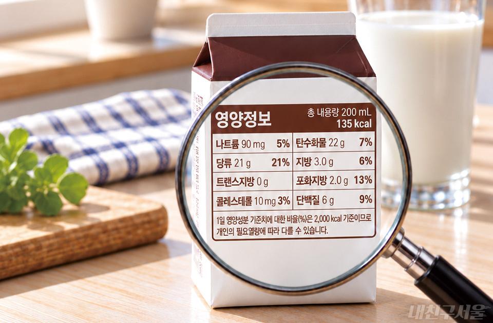 우유 영양정보를 돋보기로 비추는 이미지